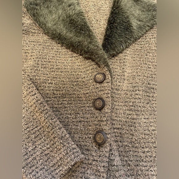Vintage Green Faux Fur Collar Button Front Knit Cardigan Jacket Khaki Brown - Picture 3 of 6